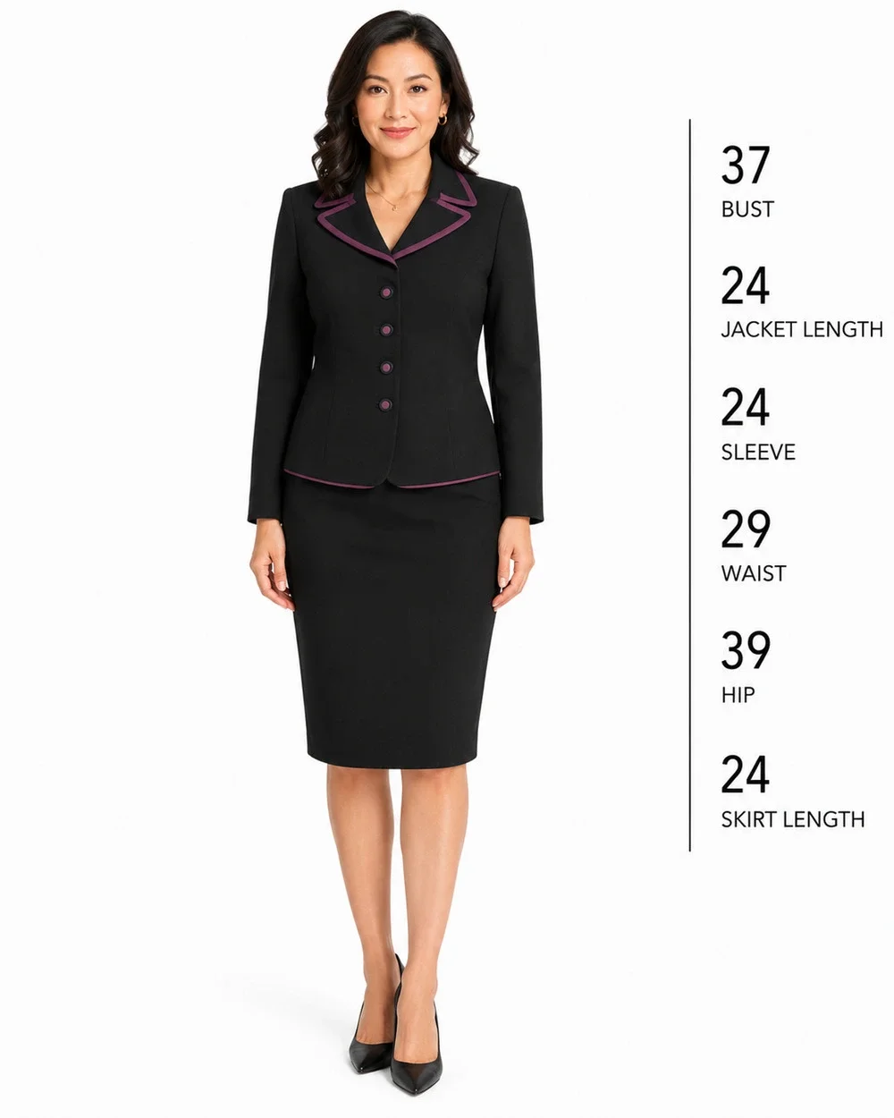 Kasper Black Plum Trim Career Skirt & Suit Jacket Blazer Lined 2 Piece Set sz 8
